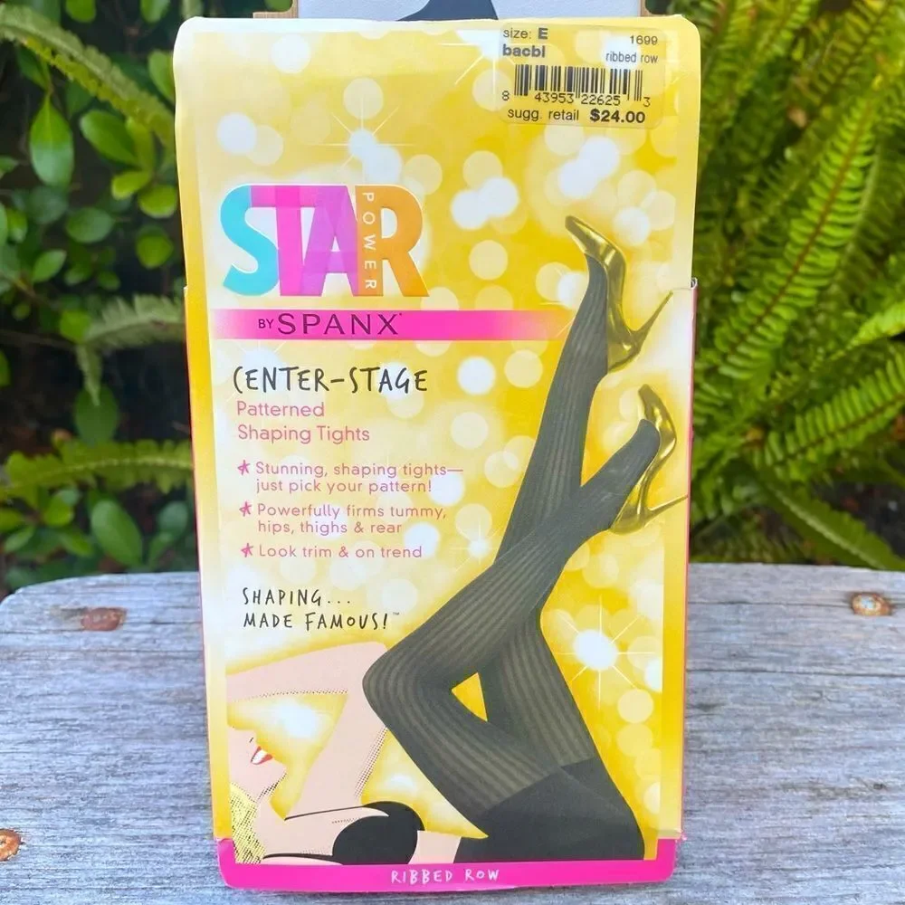 NWT Star Power by SPANX Shaping Tights Black Ribbed Row Pattern Size E